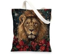 Merry Christmas lion Canvas Tote Bag for Shopping 13x15, Poinsettia Animal Xmas Reusable Grocery Print Bag for Women, Holiday Wildlife Aesthetic Painting Gift Decor
