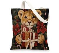 Merry Christmas lion Canvas Tote Bag for Shopping 13x15, Vintage Fun Animal Xmas Reusable Grocery Print Bag for Women Men, Holiday Wildlife Aesthetic Painting Gift Decor