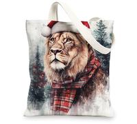 Merry Christmas lion Canvas Tote Bag for Shopping 13x15, Winter Fun Animal Xmas Reusable Grocery Print Bag for Women, Holiday Wildlife Beach Aesthetic Painting Gift Decor