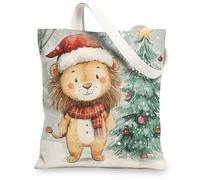 Merry Christmas lion Canvas Tote Bag for Shopping 13x15, Winter Fun Animal Xmas Reusable Grocery Print Bag for Women, Holiday Wildlife Aesthetic Painting Gift Decoration