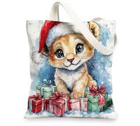 Merry Christmas lion Canvas Tote Bag for Shopping 13x15, Winter Fun Animal Xmas Reusable Grocery Print Bag for Women, Holiday Wildlife Aesthetic Painting Gift Decor
