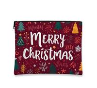 Merry Christmas Makeup Bag, Fanciful Holiday Cosmetic Travel Pouch for Women, Portable Small Canvas Zipper Organizer, Seasonal Skincare Toiletry Bag, Burgundy, 7x9 Inch