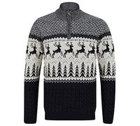 Merry Christmas Men's Jumping Deer Funnel Neck Jacquard Knit Jumper - Ink - S