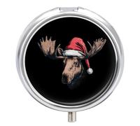 Merry Christmas Moose Small Pill Organizer with 3 Compartments Travel Medicine Case Portable Round Vitamin Storage Box