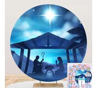 Merry Christmas Navity Round Backdrop Cover Christian Birth of Jesus Backdrops Three Wise Men Bethlehem Star in Blue Starry Sky Backgrounds Circle Portrait Photo Booth Props 7.2x7.2ft