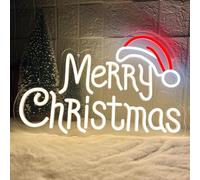 Merry Christmas Neon Signs, Warm White Christmas Neon Light with Santa Hat,USB Powered Dimmable LED xmas Lights Sign for Bedroom Home Living Room Party New Year Festival