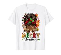 Merry Christmas Pajamas Messy Bun Hair Afro Girls Women Xmas T-Shirt