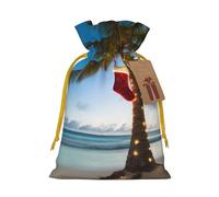 merry christmas palm tree Printed Christmas Drawstring Bags Reusable Xmas Bag for Party Xmas Gift Wrapping, Yellow Ribbon, M
