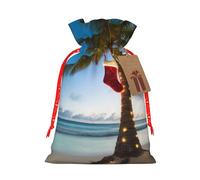 merry christmas palm tree Printed Christmas Drawstring Bags Reusable Xmas Bag for Party Xmas Gift Wrapping, Red Ribbon, S
