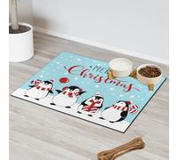 Merry Christmas Penguin Pet Feeding Mat for Cat Dog Water Bowl Food Mats Penguin Print Pet Feeding Mats Absorbent Nti-Slip Contain Spills Protects Floors Placemat 43.1 x 76.2 cm