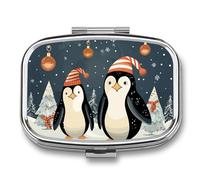 Merry Christmas Penguins Pill Box for Pocket Square Pill Box 2 Compartment Decorative Portable Travel Pill Holder Tablet Vitamin Organizer Mini Pill Case