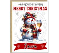 Merry Christmas Personalised Greetings Card With Fun Snowman Holding Wine - Add a Custom Name - Festive Keepsake for Sisters Brothers Partners Friends Colleagues Who Love Wine, Design 1