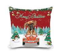 Merry Christmas Personalized Name Throw Pillow Cover Cute Dog Boxer in the Car Christmas Tree with Snowman Snowflake Decor Winter Couch Cushion Pillowcase 18x18 Inch Square Print Double Sides