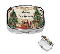 Merry Christmas Pill Box 2 Compartment Round Metal Pill Case for Purse & Pocket, Portable Medicine Organizer Travel Pillbox Daily Pill Container Holder to Hold Vitamins, Fish Oil