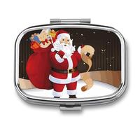 Merry Christmas Pill Box with 2 Compartments, Portable Pill Organizer for Pocket or Purse, Decorative Metal Medicine and Vitamins Organizer