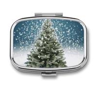 Merry Christmas Pine Tree Pill Organizer Container for Travel, Metal 2 Compartment Square Pill Case, Portable Mini Medicine Box Pill Storage Case for Purse Pocket, Supplement Storage