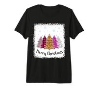 Merry Christmas Pink Tree Leopard Plaid Bleached Women Girls Premium T-Shirt