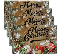Merry Christmas Placemats 45x30 cm Set of 4, Xmas Wooden Plank Place Mats for Kitchen Table, Snowflakes Heat Resisting Kids Girls Table Mats, Brown Red Festival Waterproof Placemats