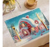 Merry Christmas Placemats Set of 4, Crimson Red Holiday Table Mats with Cartoon Candy House Christmas Tree Lollipop, Washable Indoor Outdoor Xmas Decorative Placemats 18x12 Inch