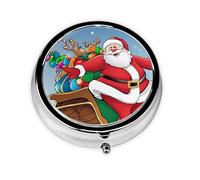 (Merry Christmas Print) Round Pill Box with 3 Compartments Small Portable Pill Organizer for Travel