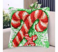 Merry Christmas Red Cane Candy Latch Hook Kits Pillow with Printed Canvas DIY Handmade Cushion Crochet Yarn Embroidery Hook and Latch Kit Pillowcase Christmas Decoration 43x43cm