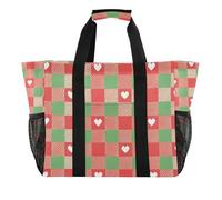 Merry Christmas Red Green Love Plaid Large Utility Tote Bag Foldable With Compartments with Handles Beach Totes Bags, Merry Christmas red green love plaid, One Size, Fashion