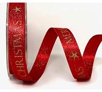Merry Christmas Red Sparkle Satin with Stars 15mm Ribbon by Bertie's Bows Ribbon on a 20m roll