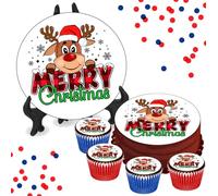 Merry Christmas Reindeer 8 INCH Cake or Cupcake Icing Toppers - Fun Xmas Kids Party Cake Decorations Perfect For Brownies Cookies Muffins & More! (1 x 8 Inch Circle Cake Topper (20.3cm x 20.3cm))