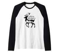 Merry Christmas Reindeer Silhouette Forest Scene Holiday Raglan Baseball Tee