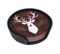 Merry Christmas Reindeer Tartan Checkered Plaid Xmas Coasters For Drinks Set Of 6 Leather Tea Cup Coaster Drink Coasters For Cup Kitchen Bar Home Decor Housewarming Gift