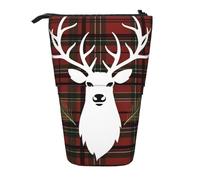 Merry Christmas Reindeer Tartan Checkered Plaid Xmas Cosmetics Bag Standing Pencil Case Telescopic Pencil Bag Portable Pencil Holder Cute Stand up Pencil Pouch for Women Men Travel Coin Pouch Purse