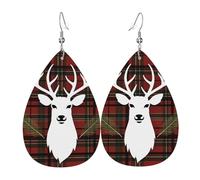 Merry Christmas Reindeer Tartan Checkered Plaid Xmas Earrings for Women Teardrop Leather Earring Double Sided Drop Dangle Earrings Lightweight Women's Ear Accessories Jewelry Fashion Birthday Gift