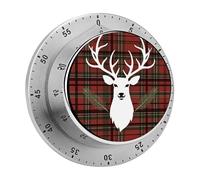Merry Christmas Reindeer Tartan Checkered Plaid Xmas Timers Kitchen Chef Cooking Timers Portable Countdown Alarm Loud Countdown Clock Waterproof Stainless Steel Timer Compact 60-Minute Mechanical Time