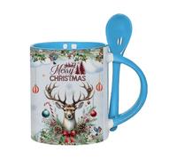 Merry Christmas Reindeer, Winter Snowflake, Festival Holiday, X-mas Gift, 11oz Inside Colour with Spoon Ceramic Coffee Mug. (Blue)