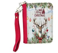 Merry Christmas Reindeer, Winter Snowflake, Festival Holiday, X-mas Gift, Women's Small Leather Zip-Around Wallet, Credit Card Slots, Coin Purse, Pink.