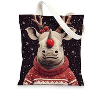 Merry Christmas Rhinos Canvas Tote Bag for Shopping 13 * 15, Fun Snow Animal Xmas Reusable Grocery Bag for Women, Holiday Wildlife Aesthetic Painting Gift Decor