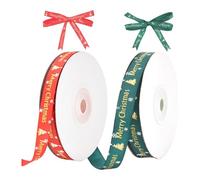 Merry Christmas Ribbon for Gift Wrapping,2 Rolls x 10 Yards 10mm Red Green Satin Pattern Christmas Ribbons,with Gold Christmastree and Snowflakes for Crafting,Xmas Tree,Presents,DIY Crafts,Gift Bask