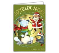 Merry Christmas Santa Claus Card in Shiny Gold with White Envelope, Size 12 x 17.5 cm - Polar White Bear Bird Snowflake Snowman Ball Winter Best Wishes End of Year - Made in France