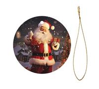 Merry Christmas Santa Claus Christmas Ceramic Ornament - Double-Sided Uv Printed Round Hanging Decoration with Gold String for Tree