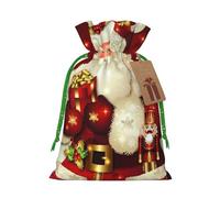 Merry Christmas Santa Claus Printed Christmas Drawstring Bags with Green Ribbon - Reusable Burlap Drawstring Gift Pouches, S