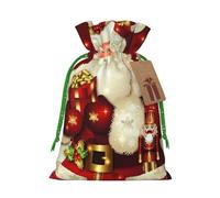 Merry Christmas Santa Claus Printed Christmas Drawstring Bags with Green Ribbon - Reusable Burlap Drawstring Gift Pouches, S