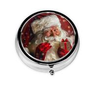 Merry Christmas Santa Claus Printed Round Pill Organizer with 3 Compartments, Portable Mini Pill Box Pill Case for Medicine, Vitamin, Fish Oil, Supplements