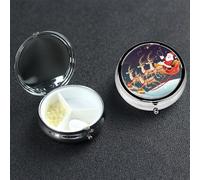Merry Christmas Santa Claus Reindeer Sled Pill Case 3 Compartment Pill Box Portable Metal Pill Organizer Cute Travel Pill Container Vitamin Organizer for Purse Pocket Travel Gift