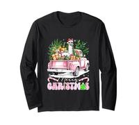 Merry Christmas Santa Llama On Pickup Truck Farmer Kids Long Sleeve T-Shirt