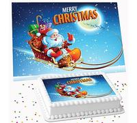 MERRY CHRISTMAS SANTA SLEIGH ICING EDIBLE LARGE CAKE TOPPER DECORATION SUITABLE FOR USE ON COSTCO CAKE CRR007