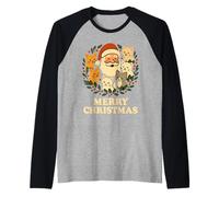 Merry Christmas Santa with Cats Holly Wreath Cat Lover Raglan Baseball Tee