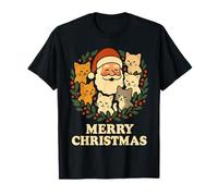 Merry Christmas Santa with Cats Holly Wreath Cat Lover T-Shirt