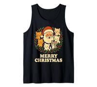 Merry Christmas Santa with Cats Holly Wreath Cat Lover Tank Top