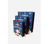Merry Christmas Set of 3 Stackable Nestable Stunning Traditional Book Shapped Gift boxes | Cute print Santa, Snow, XMAS Presents Storage, Keepsake and Reusable (Blue)