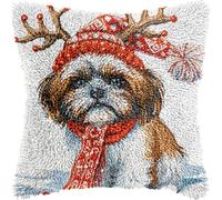 Merry Christmas Shih Tzu DIY Latch Hook Kits Pillow with Printed Canvas Cushion Crochet Yarn Embroidery Hook and Latch Kit Pillowcase Christmas Decor 43x43cm(2)